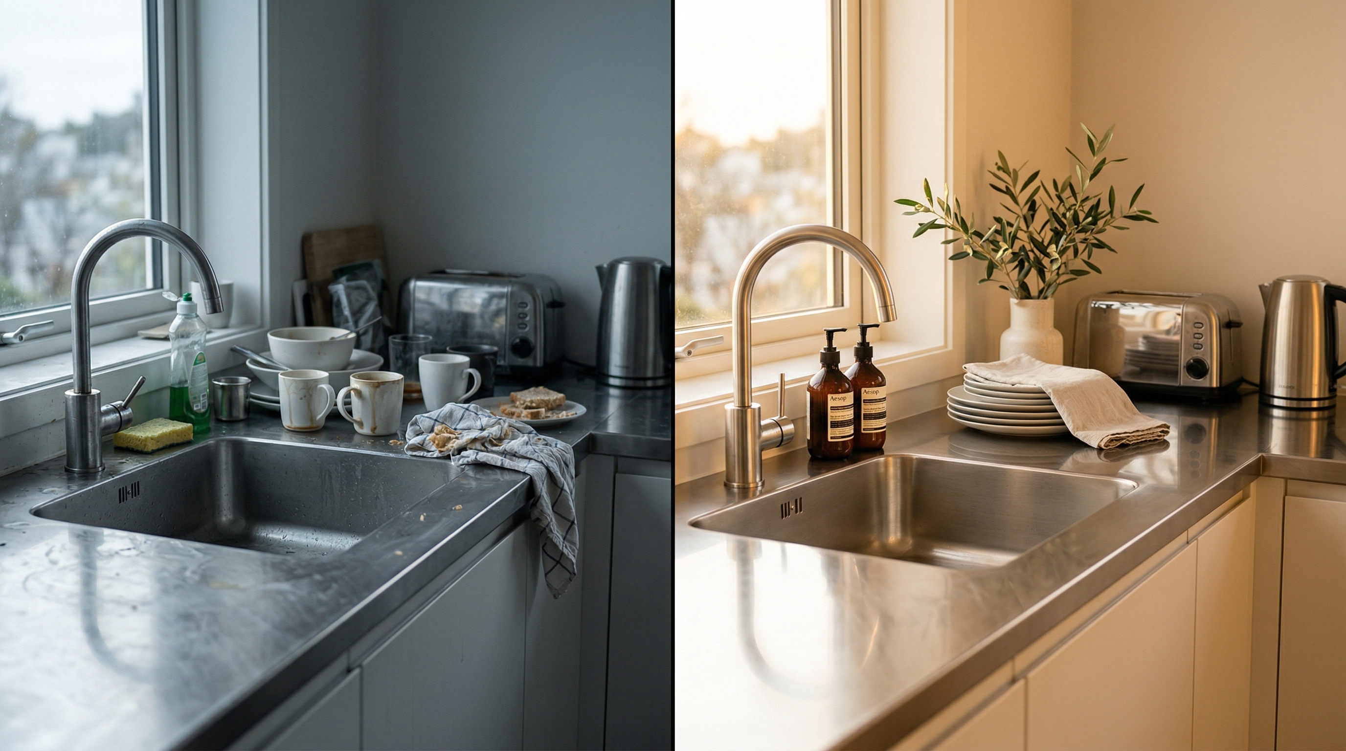 Before and after of a freshly cleaned kitchen — from cluttered to spotless