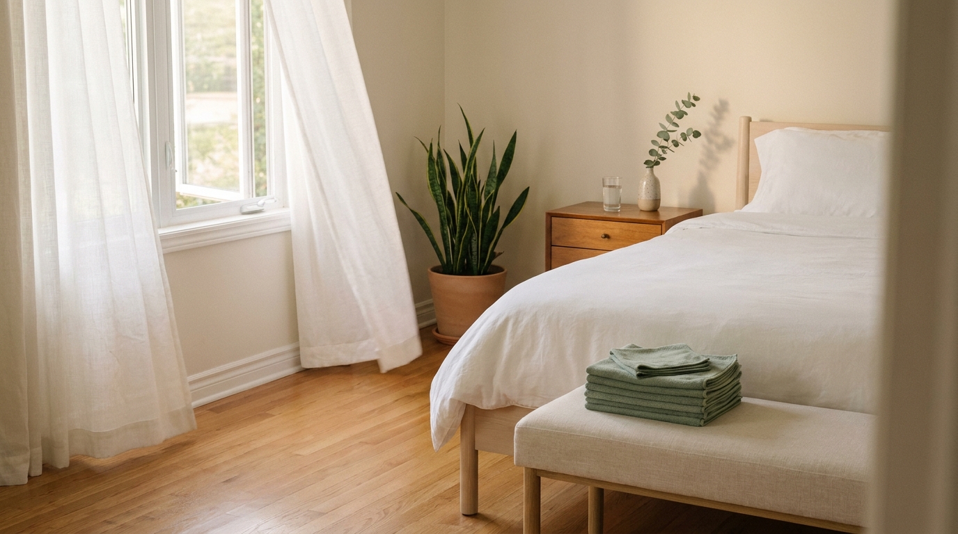 Freshly cleaned bedroom with crisp white bedding, folded sage cloths, eucalyptus and an open window with sheer curtains