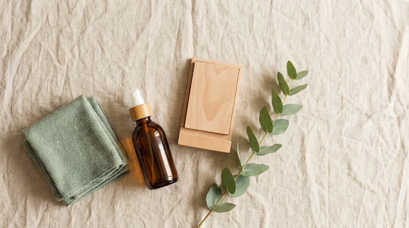 Folded sage cloths, amber spray bottle and eucalyptus on linen