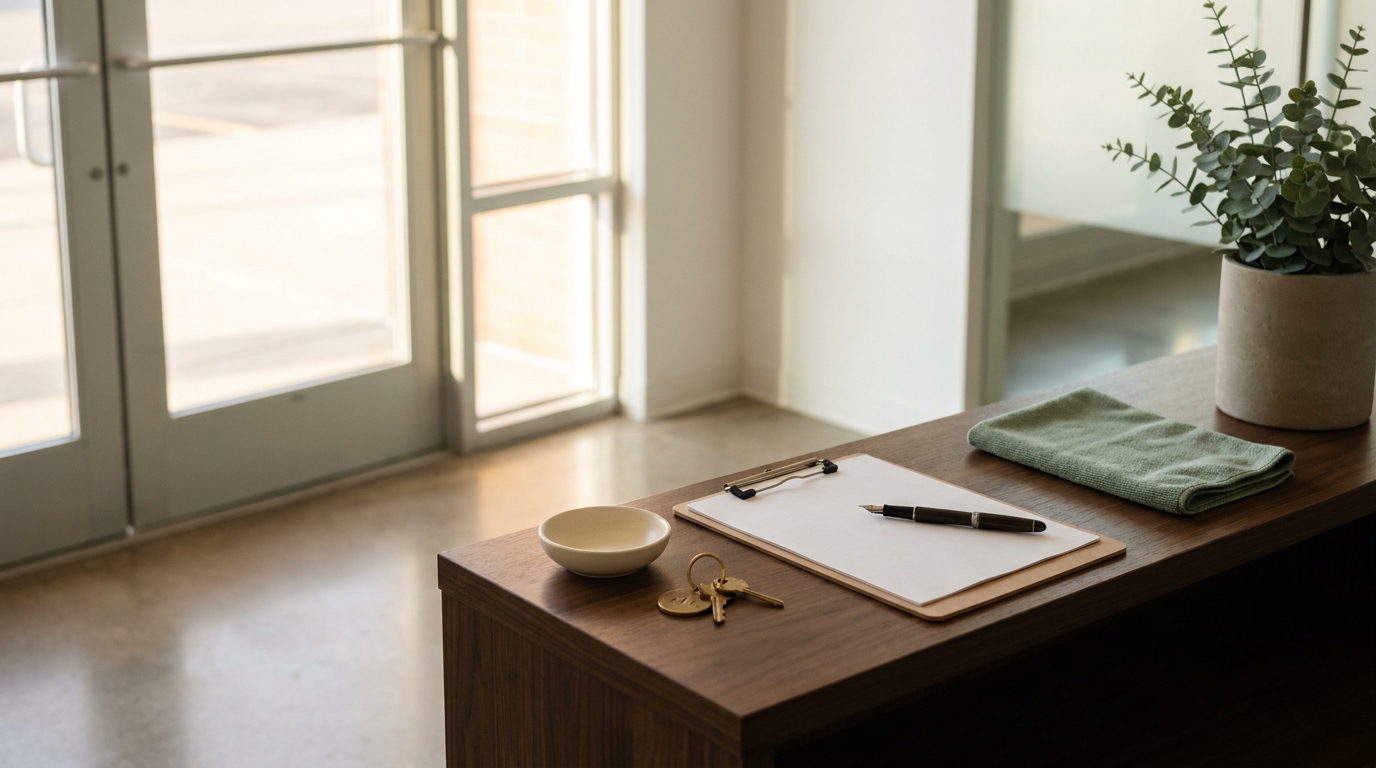 Office lobby console table with a blank clipboard, fountain pen, ring of building keys and a folded sage microfiber cloth in afternoon light