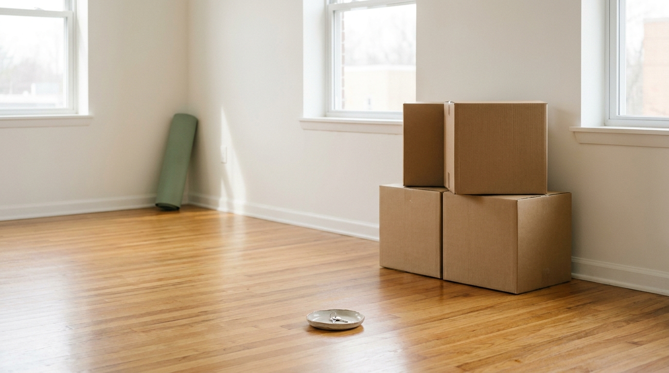 Empty Indianapolis apartment with moving boxes and keys on hardwood floor