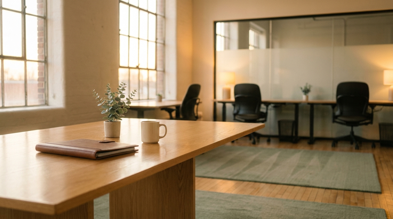 Freshly cleaned office conference table in warm evening light with empty desks behind