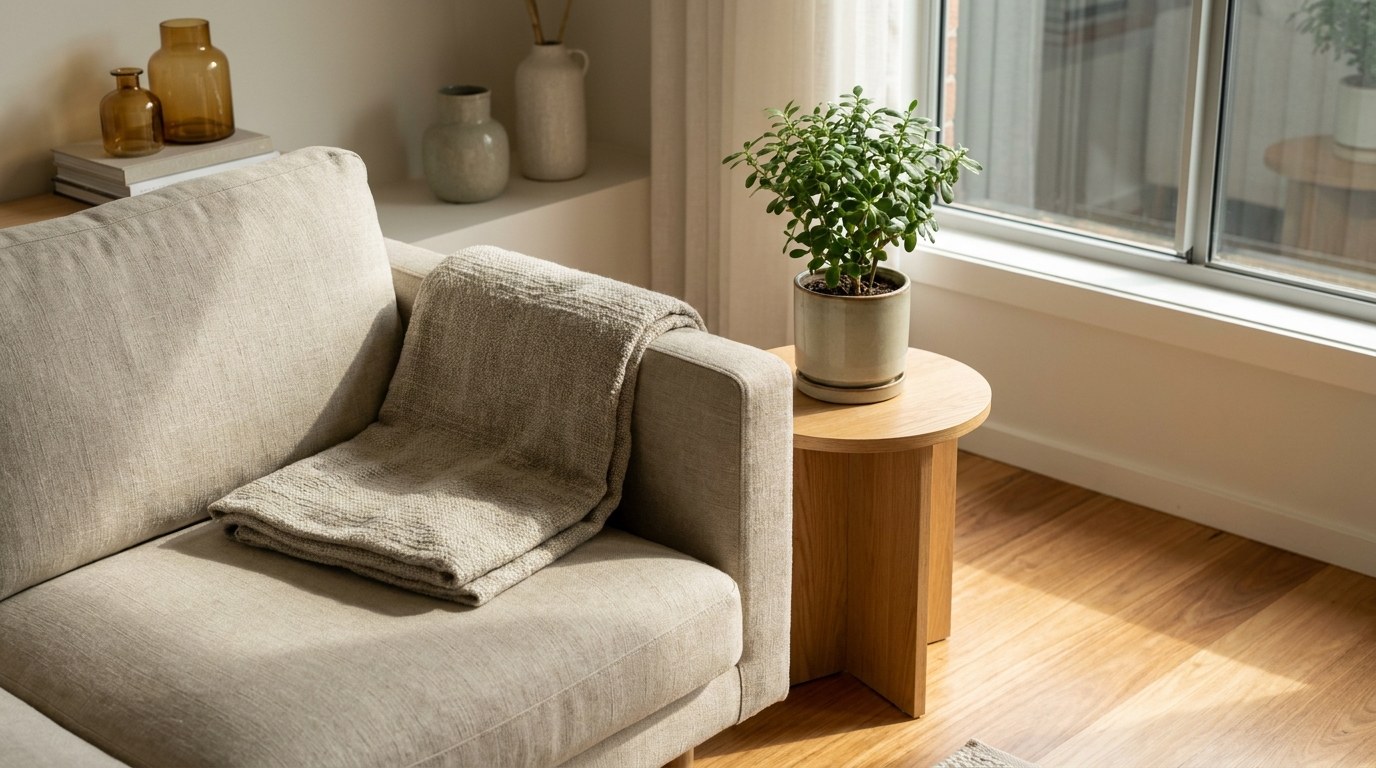 Sunlit living-room corner with linen sofa and potted plant