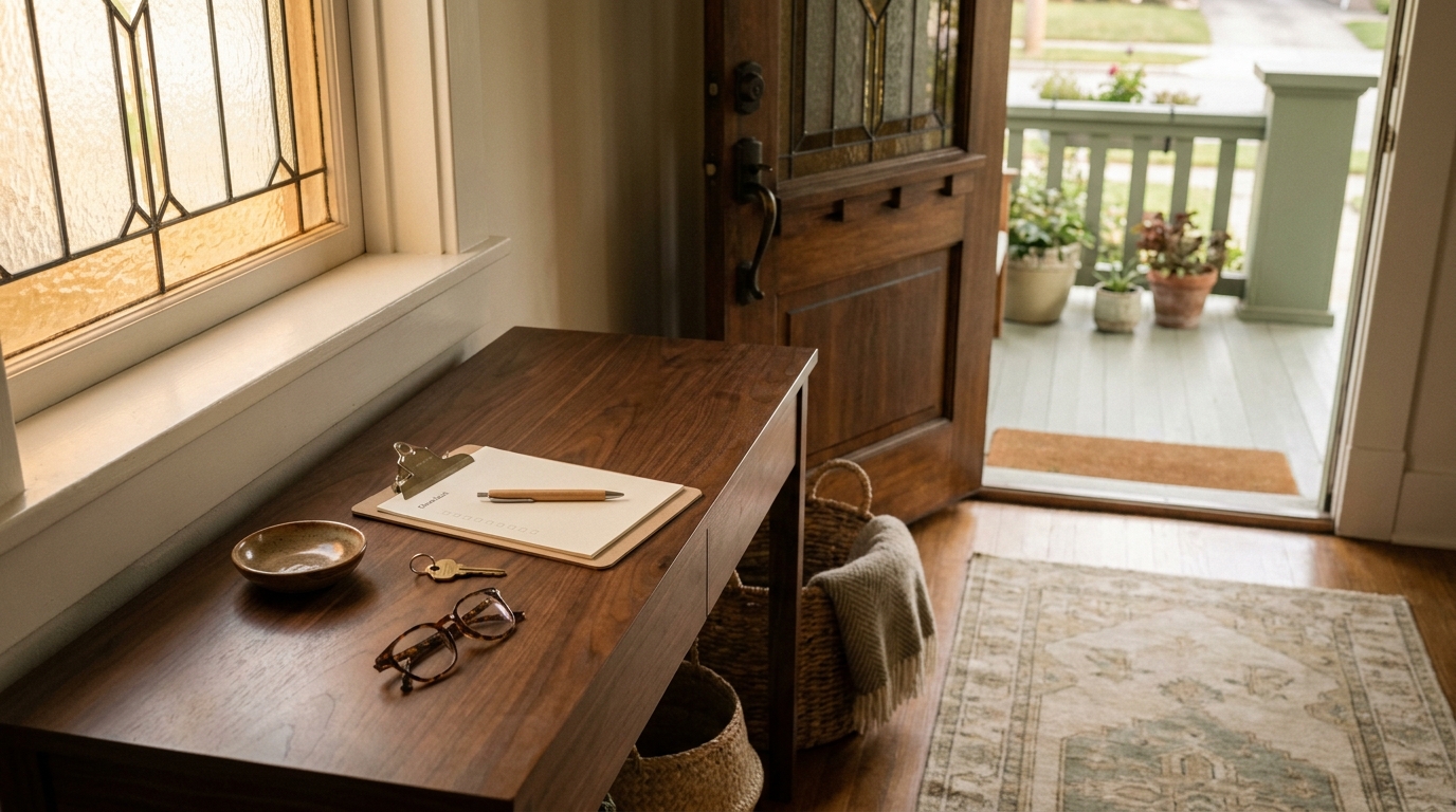 Home entryway with clipboard and keys