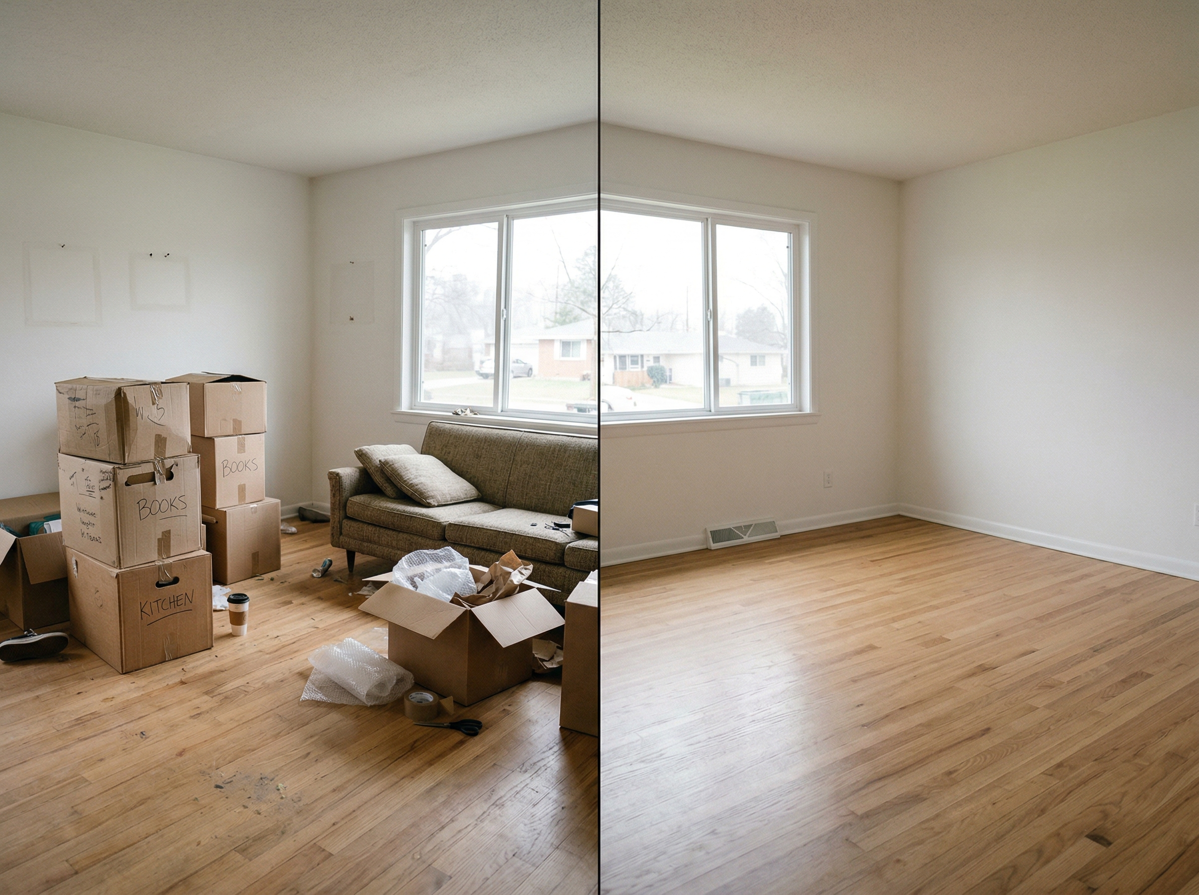 Before and after of a move-out clean — messy moving day on the left, the same room spotless and empty on the right