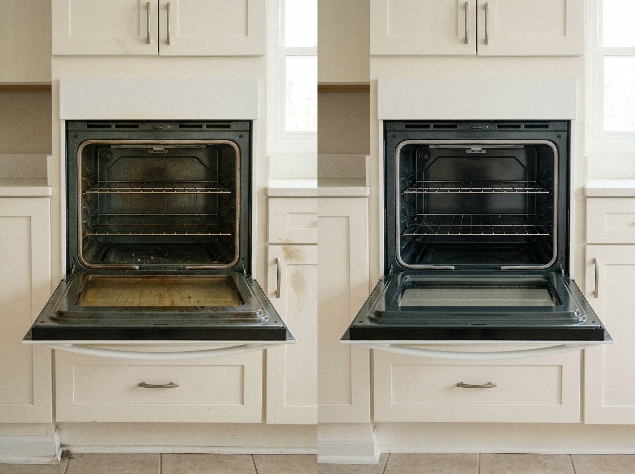 Before and after of a deep clean — a bathroom vanity with water spots and grime transformed into a spotless, inspection-ready surface